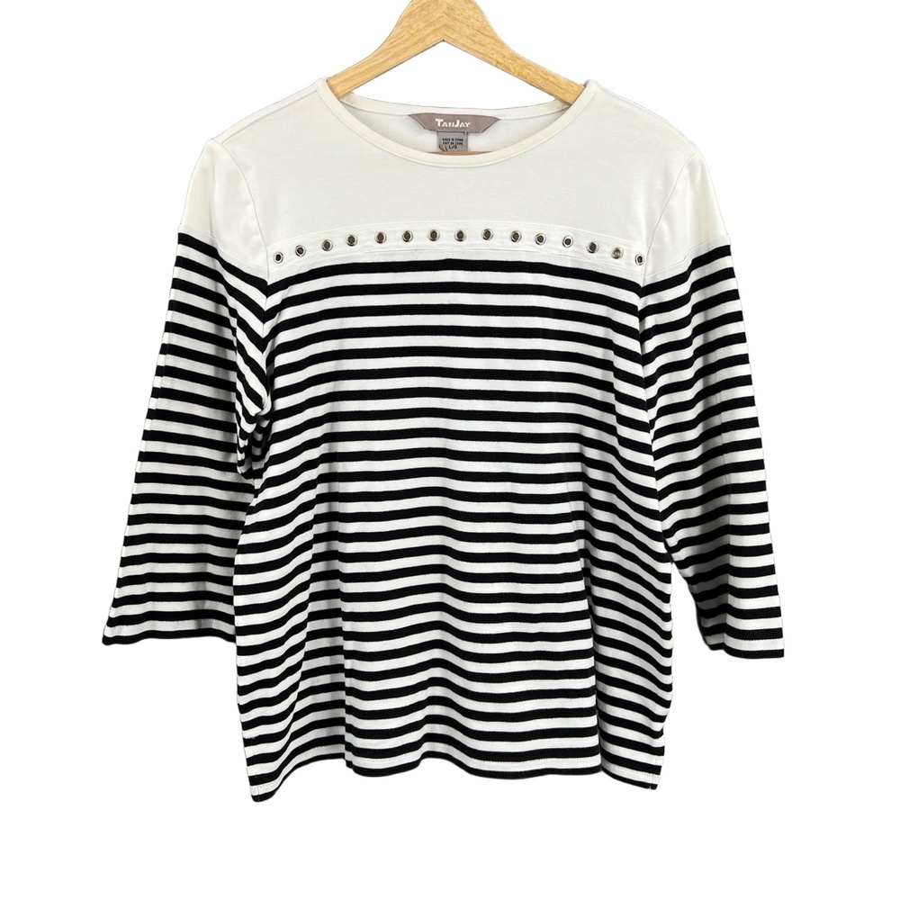 TanJay Blue White Striped Top Nautical Preppy Grommet Detail Resort Wear Size‎ L